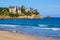 Photo of sandy beach and historical villas in Dinard, a popular seaside resort ,Brittany, France.