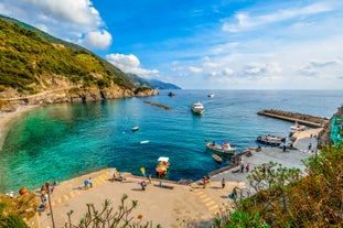 Photo of aerial view of Levanto or Levante, a beautiful fishing village in Liguria, Italy.