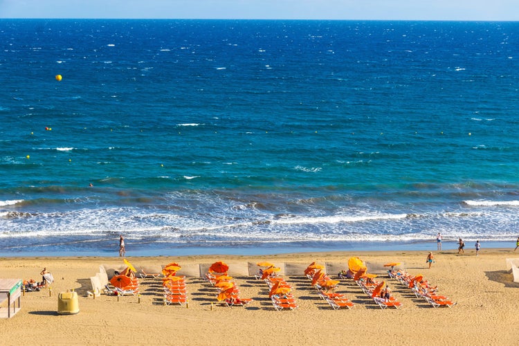 Maspalomas Beach (Playa de Maspalomas) on Gran Canaria island, Canary Islands, Spain. One of the best beach in the Canaries. Fine yellow sand and safe shallow entry into the Atlantic ocean