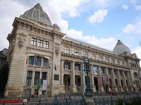 Antique building view in Old Town Bucharest city - capital of Romania and Dambrovita river. Bucharest, Romania, Europe.