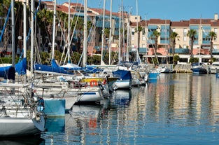 Photo of the Canal and Castle of Perpignan in springtime, Pyrenees-Orientales, France.