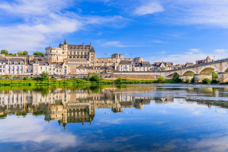 photo of view of Amboise, France. The walled town and Chateau of Amboise reflected in the River Loire.