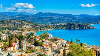 Photo of a small island with a fortress at the coast of Nafplio ,Greece.