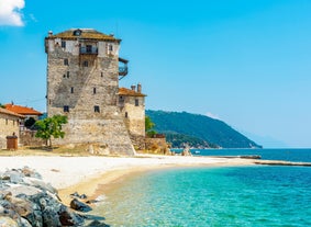 Photo of Ouranoupolis tower in Chalkidiki, Greece on a summer day.