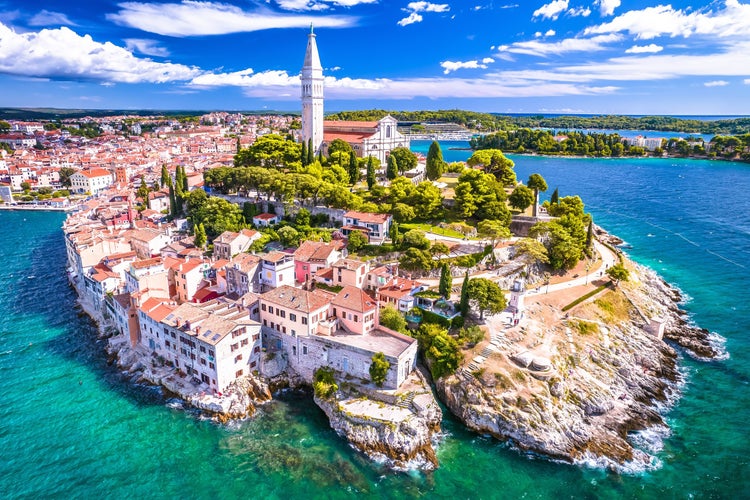 photo of view of Rovinj old town aerial panoramic view, tourist destination in Istria region of Croatia.