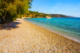 Photo of traditional colourful Greek fishing boats in Pythagorion port, Samos island, Greece.