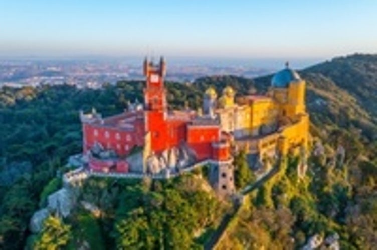 Aerial view of famous Palace of Pena and blue sky Sintra Portugal