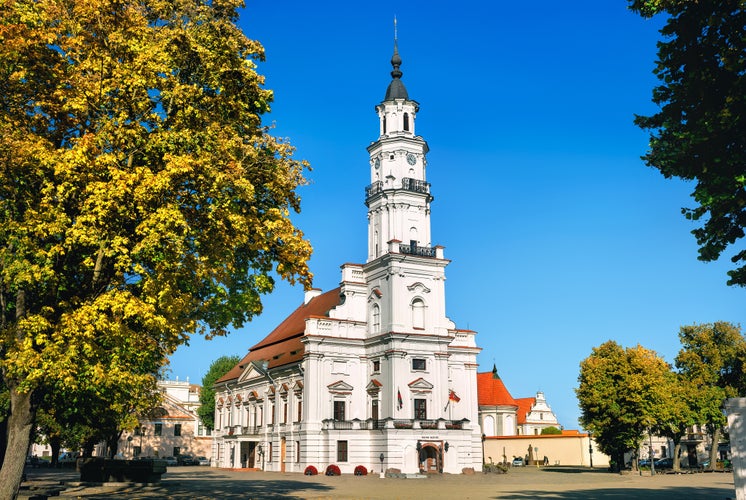 Photo of view of city hall in old town, Kaunas, Lithuania.