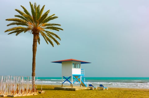 Photo of sandy beach with palm tree and life guard tower in Larnaca, Cyprus.