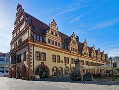 Photo of aerial view of the new town hall and the Johannapark at Leipzig, Germany.