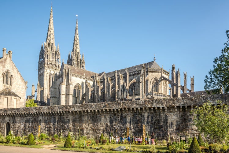 Photo of the Cathedral of Saint Corentin in the streets of Quimper - France.