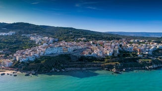 Photo of Aerial view of the white tall apartment buildings of the coast of Chioggia in Italy.