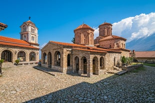 Aerial view of Samuel's Fortress and Plaosnik at Ohrid in North Macedonia.