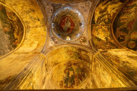 Photo of scenic view of Sapara Monastery is a 9th century Georgian Orthodox monastery with the 14th-century frescoes inside are of high quality in the Akhaltsikhe District of Samtskhe-Javakheti region, Georgia.