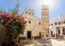 Photo of panoramic view of Town of Ano Mera, island of Mykonos, Cyclades, Greece.