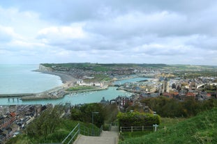 Photo of aerial view overlooking the town of Boulogne-sur-Mer, France.