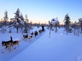 Rovaniemi Finland, panorama of the city with Kemijoki river in the back and Ounasvaara fell with the city heart at the left.