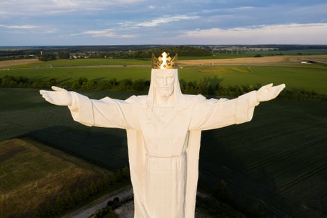 Aerial view of the statue of King Jesus Christ in Swiebodzin Poland.