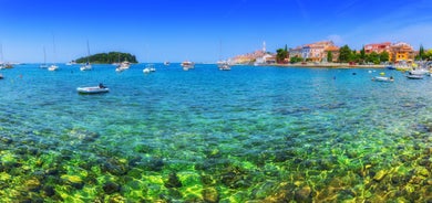 Photo of aerial view of town of Rovinj historic peninsula , famous tourist destination in Istria region of Croatia.