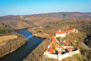 Photo of aerial view on Mikulov town in Czech Republic with Castle and bell tower of Saint Wenceslas Church.