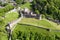 photo of aerial view of the medieval Montebello castle in Bellinzona in Canton Ticino in Switzerland.