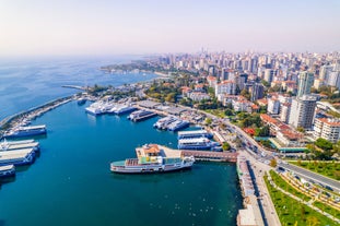 Aerial view from Moda Yogurtcu Park neighborhoods of Kadikoy, a large, populous, and cosmopolitan district in the Asian side of Istanbul, Turkey.