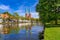 A view of the old town of Luebeck (German: Lübeck), Germany, with the Luebeck Cathedral (German: Dom zu Lübeck, or Lübecker Dom) across the river Trave.