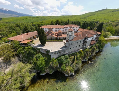 Photo of aerial drone view at the monastery of Saint Naum on Macedonia.