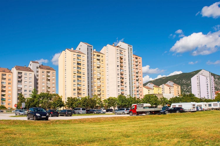 High rise residential apartment blocks in Nova Gorica, Slovenia. 1970s built socialist architecture. On the Ulica Gradnikove Brigade estate in the inner suburbs