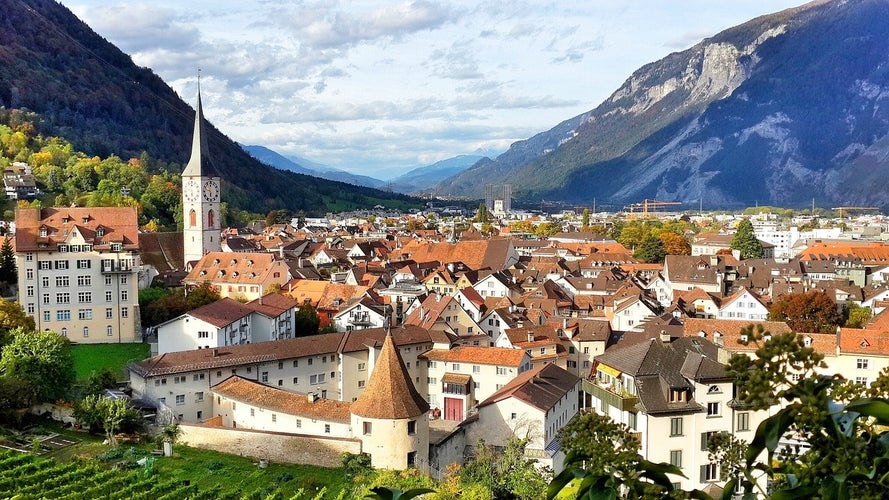 Chur, Switzerland: Aerial drone view of the Chur old town in Canton Graubunden in the alps in Switzerland in summer