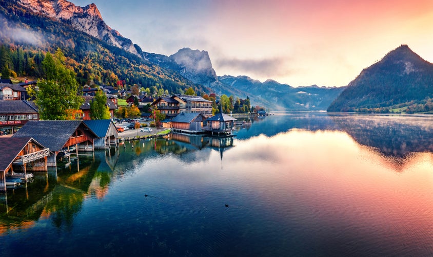 Awesome sunrise on Grundlsee lake. Breathtaking morning view of Eastern Alps, Liezen District of Styria, Austria.jpg