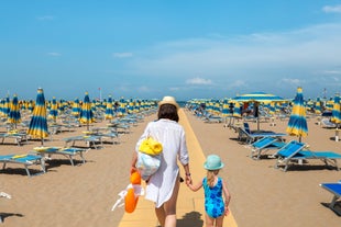 Photo of amazing landscape with beautiful sea beach on sunset in Viserbella, Italy.