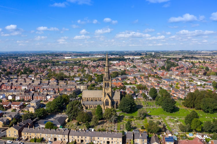 Aerial photo of the British town of Ossett, a market town within the metropolitan district of the City of Wakefield, West Yorkshire, England showing a typical UK housing estate