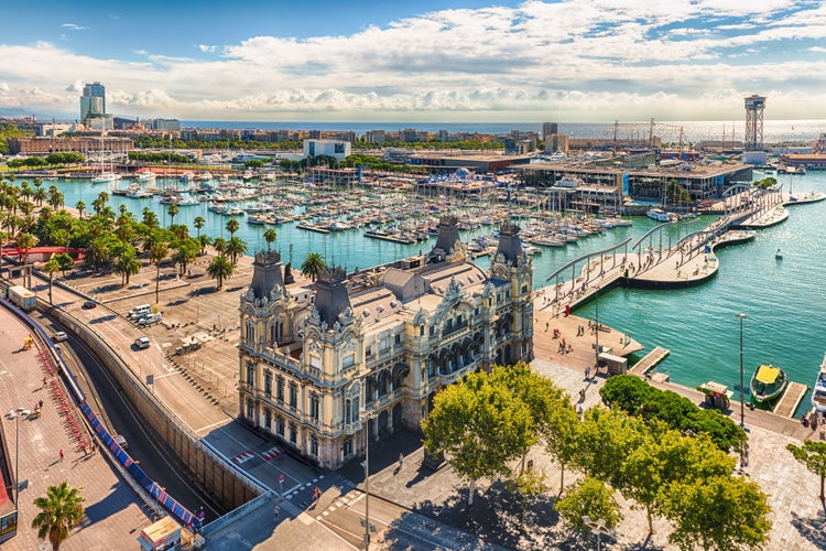 Photo of scenic aerial view of Port Vell from the top of Columbus Monument, Barcelona.