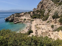 Photo of Heraion in Perachora with small beach, Loutraki, Greece.