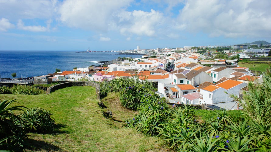 Photo of Ponta Delgada and Atlantic ocean coast on Sao Miguel island, Azores, Portugal.