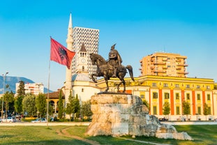 Panoramic view of Skopje town with Vodno hill in the background.