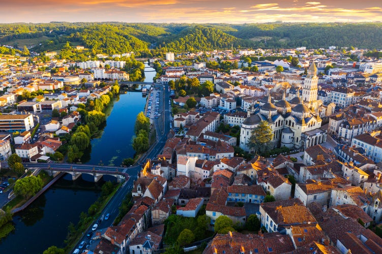 Drone view of French city of Perigueux on Isle River,France.