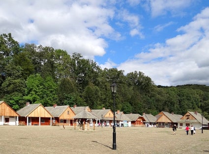 The Galician market square, ethnographic museum in Sanok, Poland. Reconstruction includes a small market square with several houses.