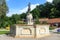 Photo of fountain at entrance to Valley of a Beautiful Woman, Valley is home to many restaurants and cellars offering Egri Bikavér (Bull's Blood) and other hungarian wines.