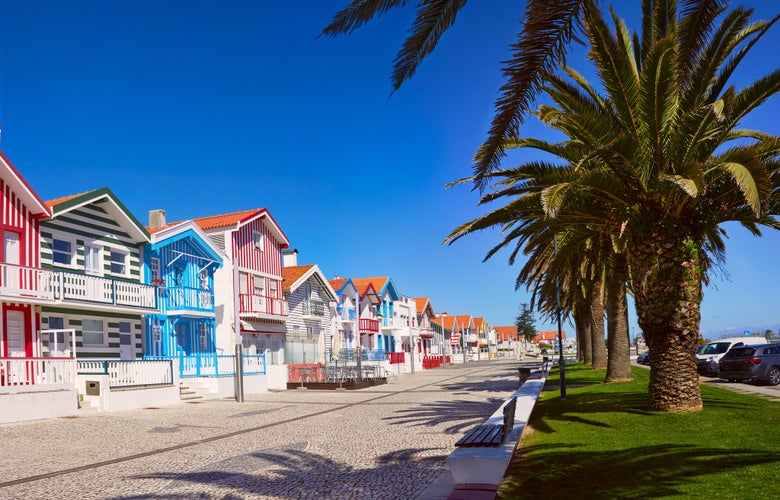 Fisherman's village, houses with colorful stripes. Portugal, Costa Nova