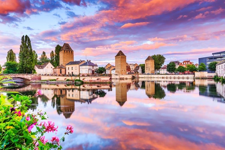 Photo of Strasbourg, Alsace, France. Medieval bridge Ponts Couverts and Barrage Vauban.