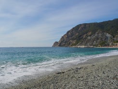 Photo of aerial view of Levanto or Levante, a beautiful fishing village in Liguria, Italy.