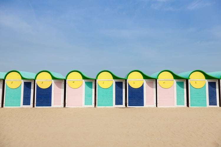 Photo of Beach cabins in Dunkirk. Dunkirk, Hauts-de-France, France.