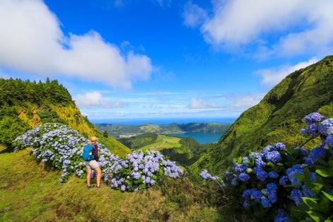 Photo of view from Miradouro da Boca do Inferno to Sete Citades, Sao Miguel, Azores Islands, Portugal.