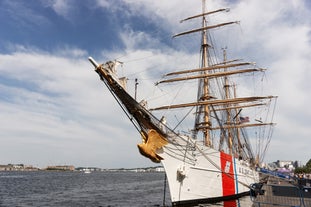 Photo of the harbour of Esbjerg, historical water tower in the background, Jutland, Denmark.