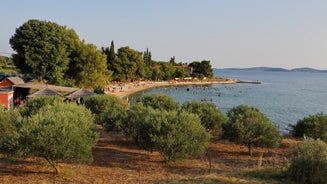 Photo of adriatic village of Bibinje harbor and waterfront panoramic view, Croatia.