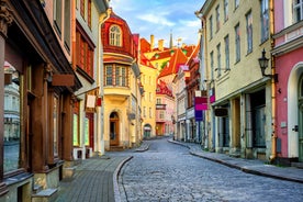 Scenic summer view of the Old Town and sea port harbor in Tallinn, Estonia.