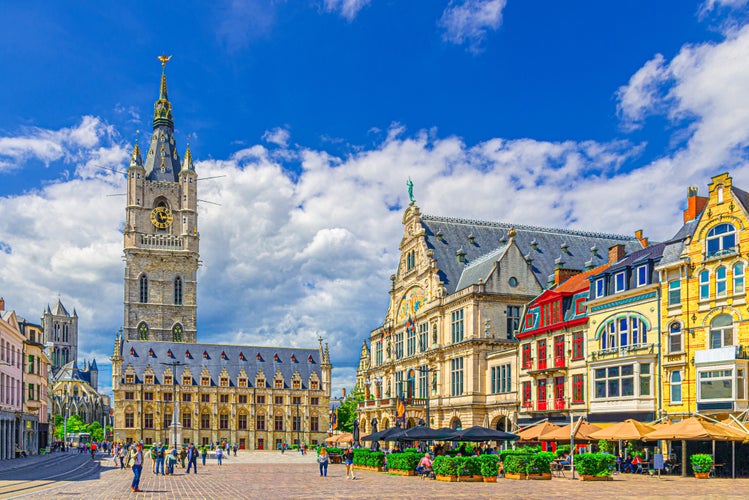 Belfry of Ghent Het Belfort van Gent medieval bell tower watchtower, Cloth hall Lakenhalle, Royal Dutch Theatre and Saint Nicholas' Church in Ghent city historical center, Flemish Region, Belgium