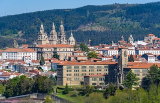 Photo of aerial panoramic view of Lugo galician city with buildings and landscape, Spain.